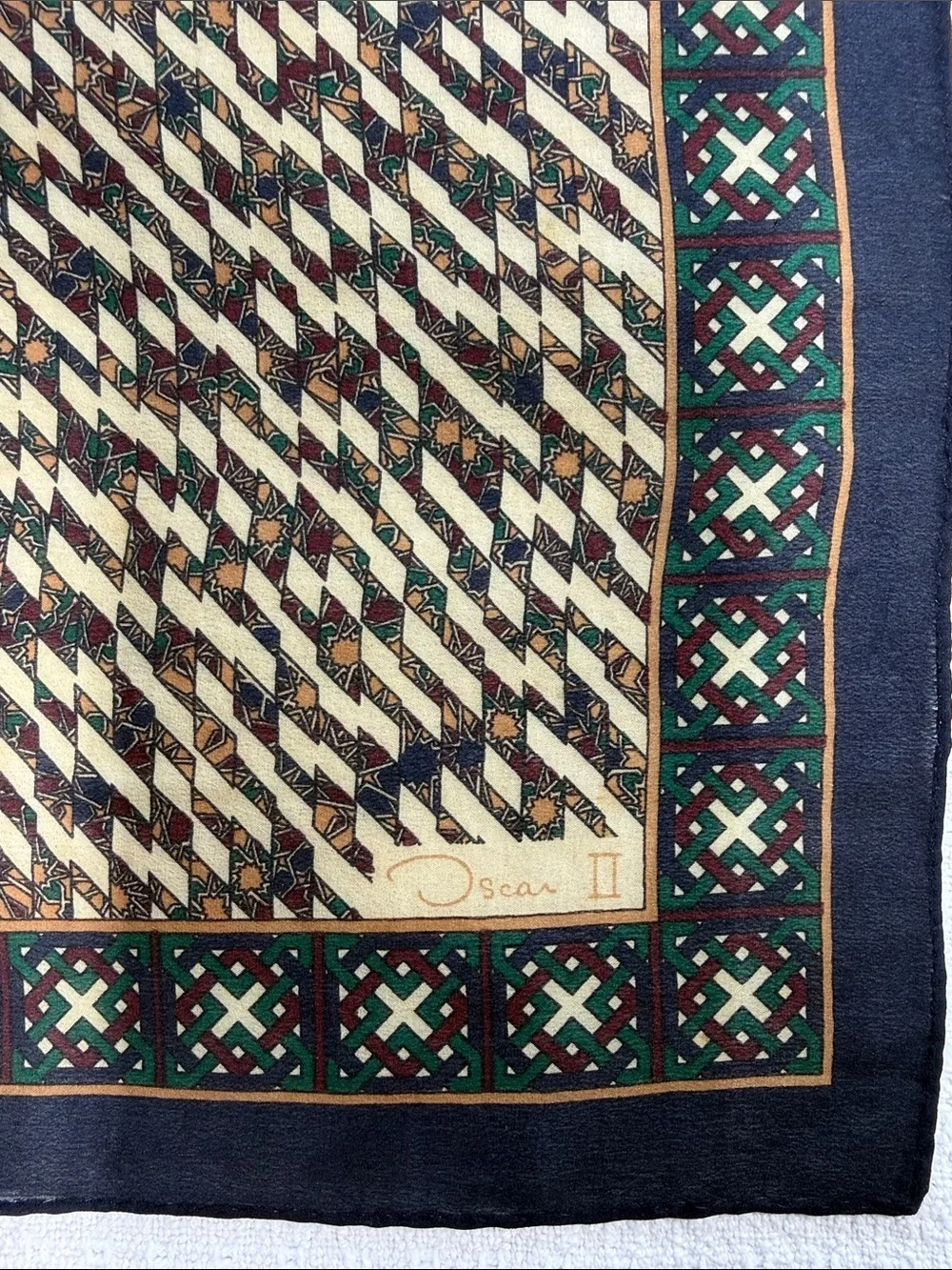 Oscar de la Renta OscarII square silk scarf navy blue, green, red, gold, & ivory